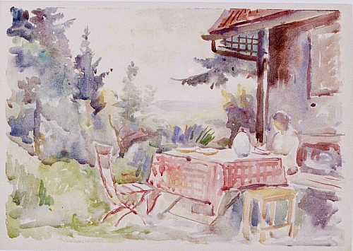 August Kutterer - Veranda mit Tisch und Figur