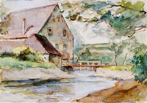August Kutterer - Flusslauf mit Steg und Mühlgebäude