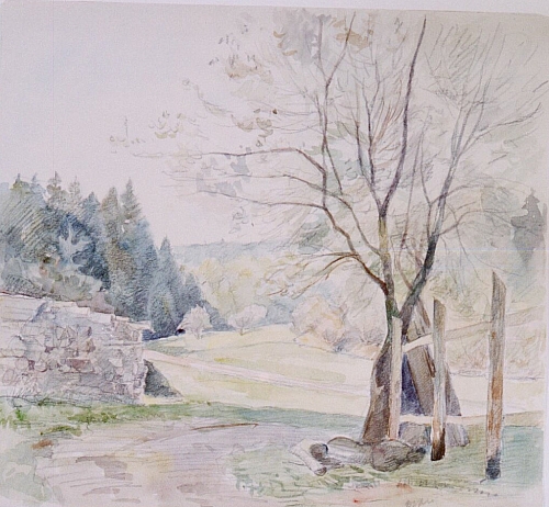 August Kutterer - Landschaft mit Holzstappel und Weidezaun