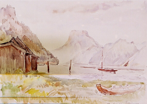 August Kutterer - See mit Booten eingefasst von Bergen
