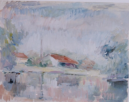 August Kutterer - Flusslandschaft mit kleinen Häusern