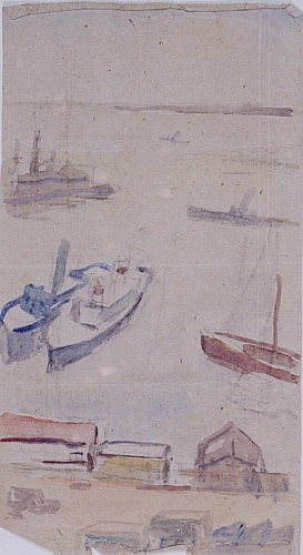 August Kutterer - Ufer mit Bootshäuser und Schiffen