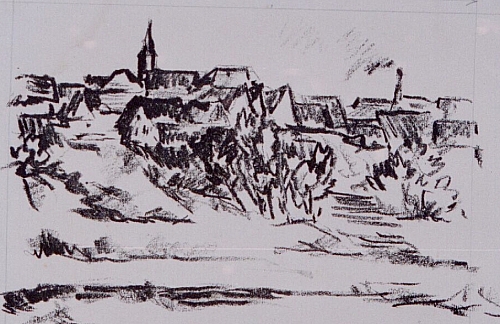 August Kutterer - Landschaft mit Dorf im Hintergrund, Blick auf das Hochgestade, Daxlanden