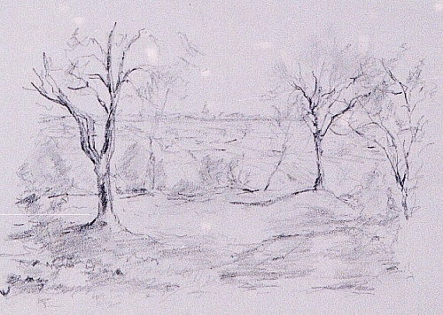 August Kutterer - Bäume vor Feldern und Dorfkulisse, Skizze
