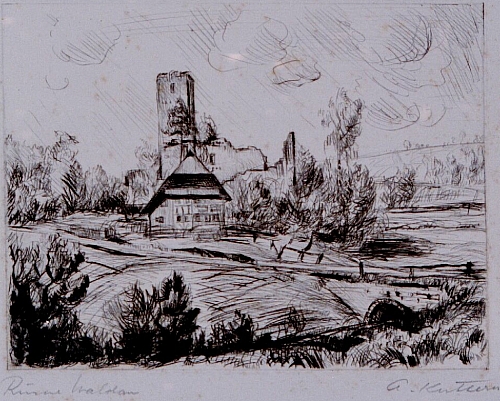 August Kutterer - Landschaft mit kleinem Bach, Bauernhaus und Burgruine