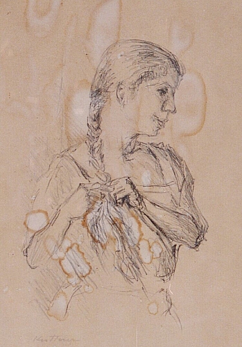 August Kutterer - Portrait eines Mädchens beim Zopfflechten, Brustbild