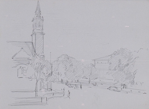 August Kutterer - Skizze einer großen Platzanlage mit Kirche