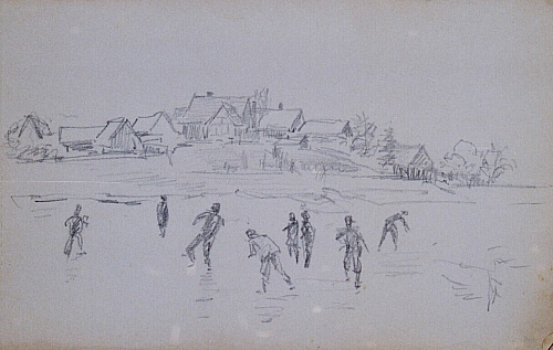 August Kutterer - Skizze von Schlittschuhläufern am Dorfrand, Dorf auf Hochgestande