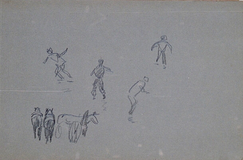 August Kutterer - Skizze von vier Figuren in Bewegung und dreiere Pferde von hinten und seitlich