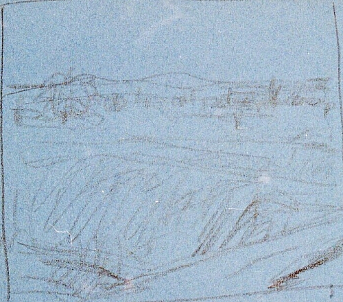 August Kutterer - Skizze einer weiten Landschaft mit Wiesen und Feldern