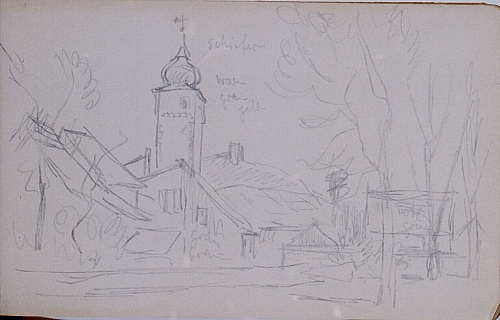 August Kutterer - Skizze einer Dorfstraße mit kleiner Kirche