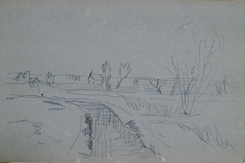 August Kutterer - Skizze von Feldern und Wiesen, einzelnes Haus im Hintergrund