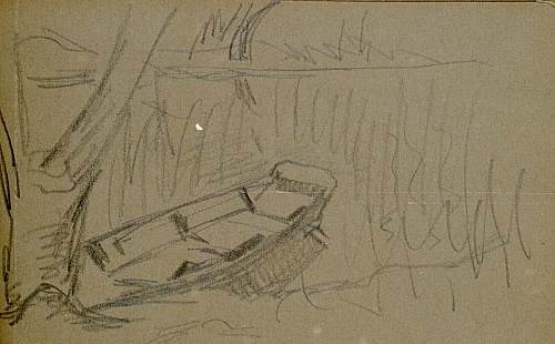 August Kutterer - Skizze eines Ruderboots am Flussufer