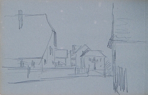 August Kutterer - Skizze einer Dorfstraße mit großen Bauernhäusern, Daxlanden ?
