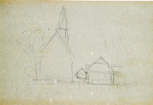 August Kutterer - grobe Skizze einer Dorfkirche, Daxlanden St. Valentin ?