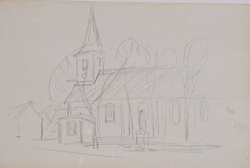 August Kutterer - Skizze einer Dorfkirche, seitlich, Daxlanden St. Valentin