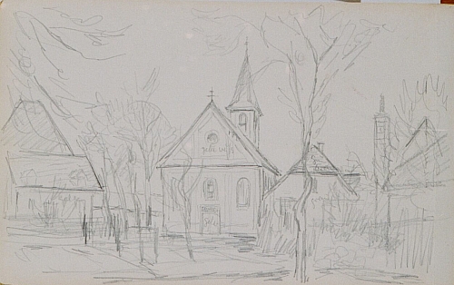August Kutterer - Skizze einer Dorfkirche mit umliegenden Häusern, Daxlanden St. Valentin