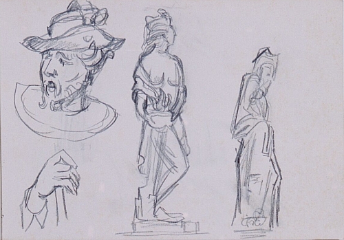 August Kutterer - Skizze zweier Skulpturen, eines Kopfes und einer Hand