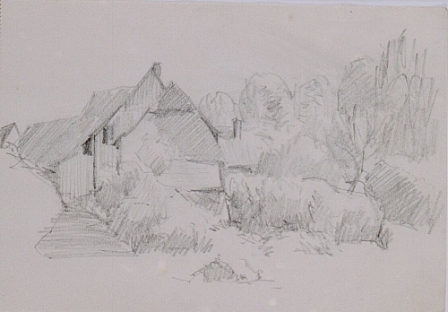August Kutterer - Skizze einer Dorfstraße am Dorfrand