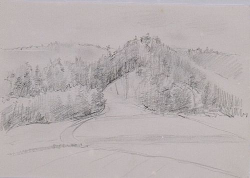 August Kutterer - Skizze einer bewaldeten Hügellandschaft