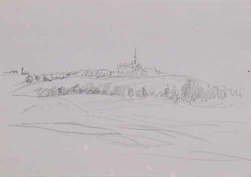 August Kutterer - Skizze einer weiten Landschaft mit Dorf am Horizont