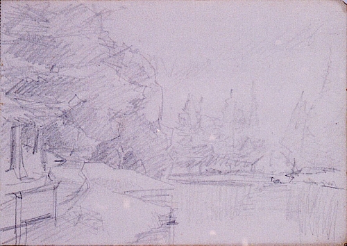August Kutterer - Skizze eines Gewässers mit Uferweg