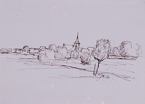 August Kutterer - Skizze einer Landschaft mit Dorf im Hintergrund, Daxlanden