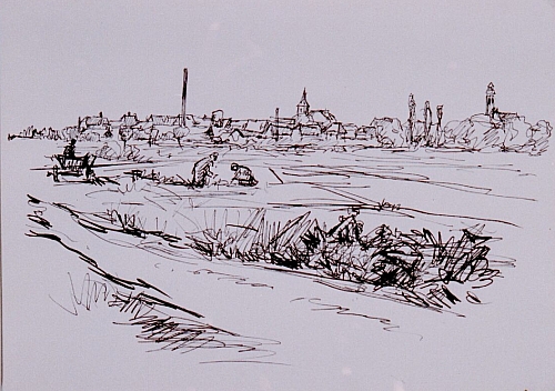 August Kutterer - Skizze von Bauern bei der Arbeit am Dorfrand, Daxlanden
