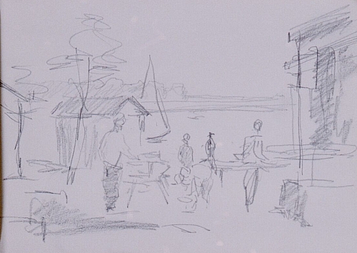 August Kutterer - Skizze von Häusern und Menschen am Wasser