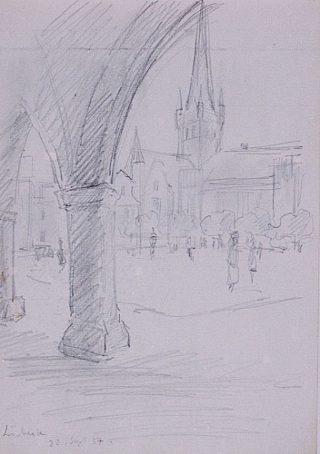 August Kutterer - Skizze eines Blicks aus Arkaden zu einem Platz mit Kirche, Lübeck
