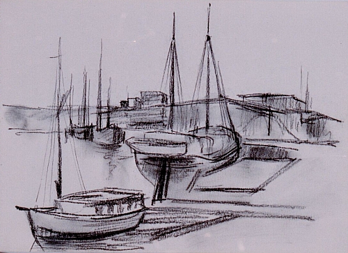 August Kutterer - Skizze von Segelbooten im Hafen, Lübeck