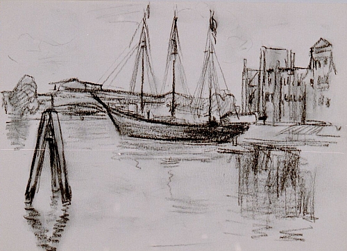 August Kutterer - Skizze eines Segelbootes vor Lagerhäusern, Lübeck