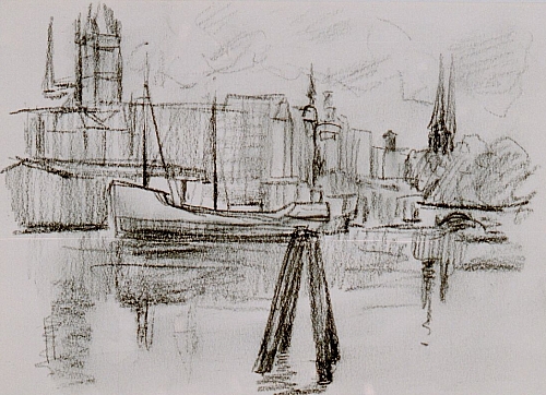 August Kutterer - Skizze eines Hafens mit Booten und Lagerhäusern, Lübeck