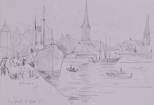 August Kutterer - Skizze eines Hafens mit Arbeitern, Lübeck