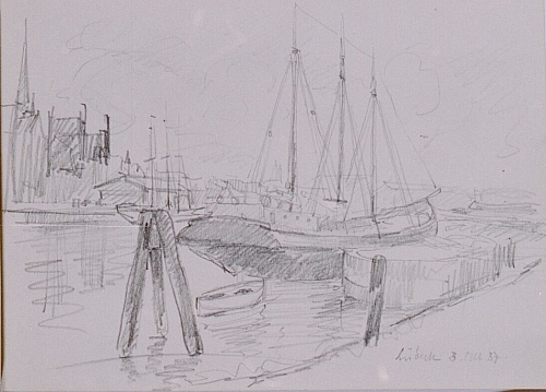 August Kutterer - Skizze eines Segelschiffs im Hafen, Lübeck