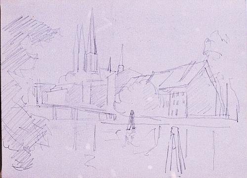 August Kutterer - Skizze einer Stadtkulisse am Fluss, Lübeck