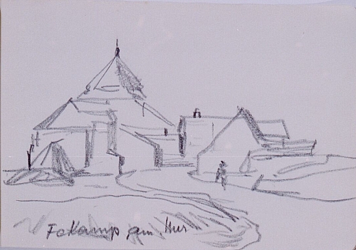 August Kutterer - Skizze eines Dorfeingangs mit kleiner Straße, Fekamps