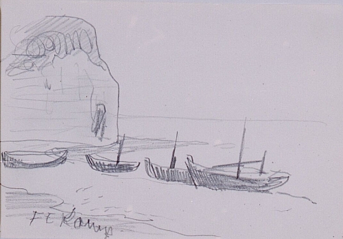 August Kutterer - Skizze von Segelbooten am Strand vor schroffem Felsen, Fekamps