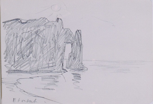 August Kutterer - Skizze einer Felsenküste mit Sonne, Etretat