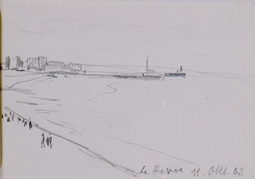 August Kutterer - Skizze einer weiten Bucht mit Passanten, Schiffen und Häusern in der Ferne, Le Havre
