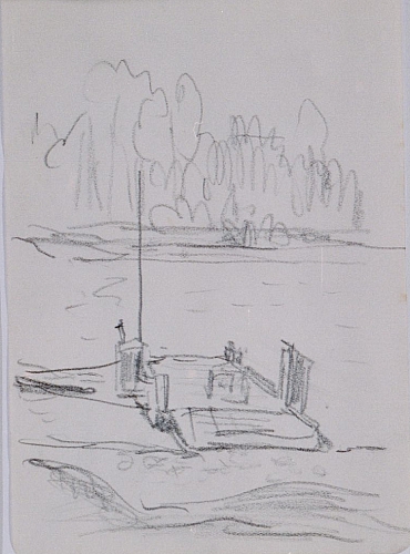 August Kutterer - Skizze eines Anlegestegs an einem Fluss
