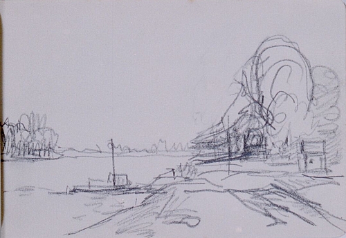 August Kutterer - Skizze eines Flussufers mit Bäumen