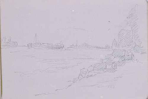 August Kutterer - Skizze eines breiten Flusslauf mit Frachter