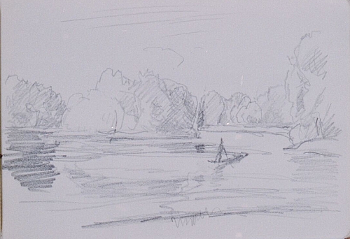 August Kutterer - Skizze eines Fischers auf breitem Fluss mit Bäumen am Ufer