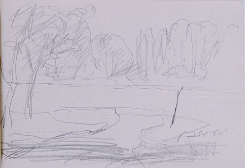 August Kutterer - Skizze eines Flusslauf mit bewachsenem Ufer