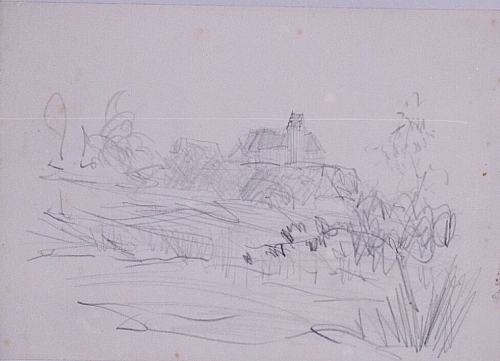 August Kutterer - Skizze einer Wiesenlandschaft mit Bauernhäusern im Hintergrund