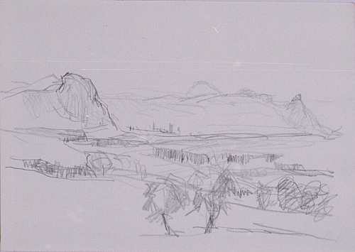 August Kutterer - Skizze einer weiten Landschaft mit Feldern und Bergen im Hintergrund