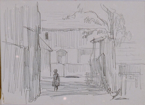 August Kutterer - Skizze eines Hinterhofs mit einem Mädchen