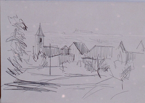 August Kutterer - Skizze eines Dorfrands mit umgebender Landschaft