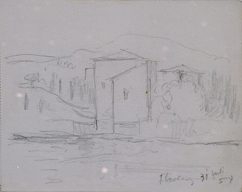 August Kutterer - Skizze südländischer Häuser am Wasser, Florenz